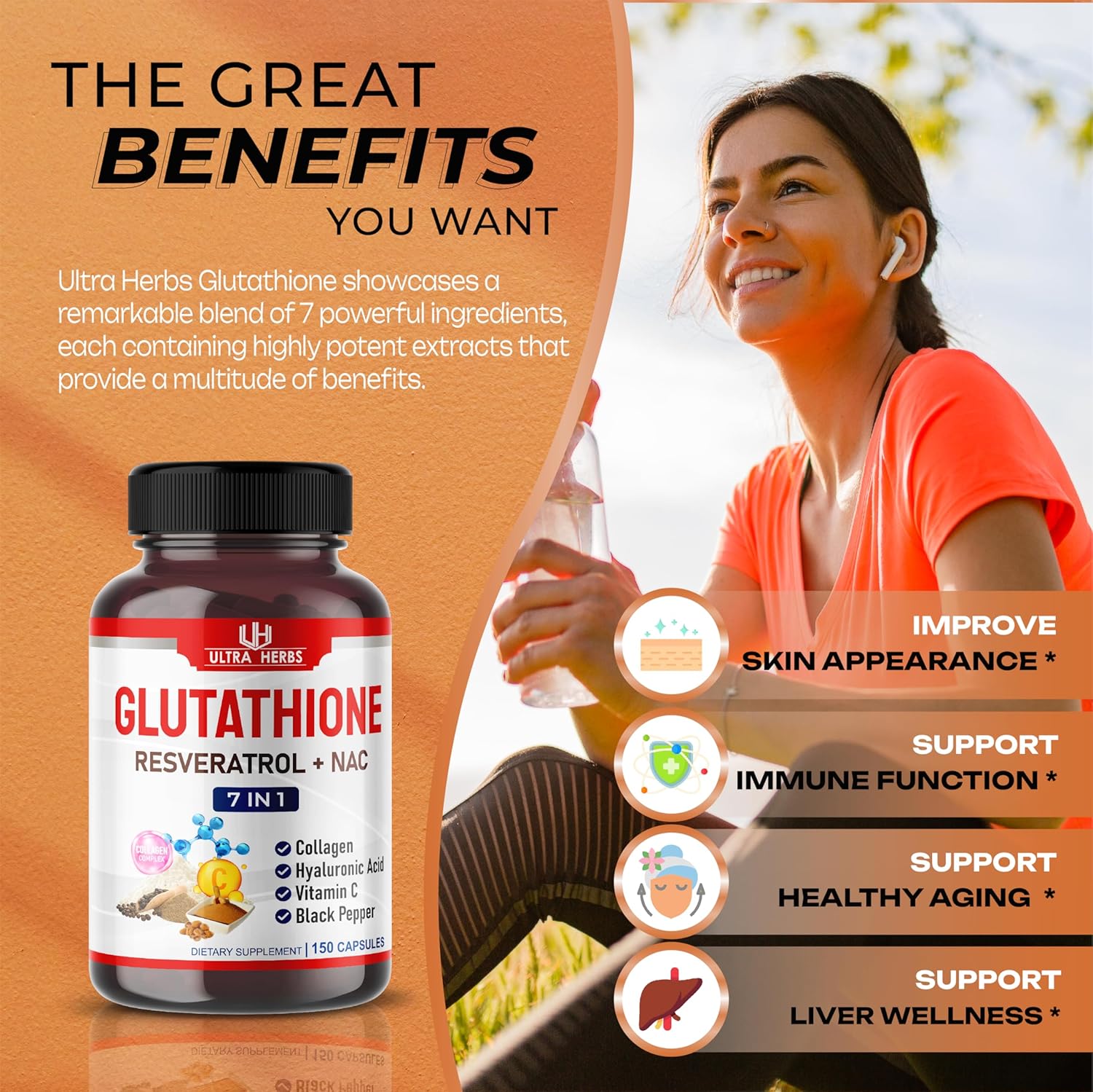 Glutathione Supplement Active Reduced Form, Enriched with Resveratrol, NAC, Collagen, Hyaluronic Acid, Vitamin C - Advanced Antioxidant for Immunity & Detox | 150 Capsules