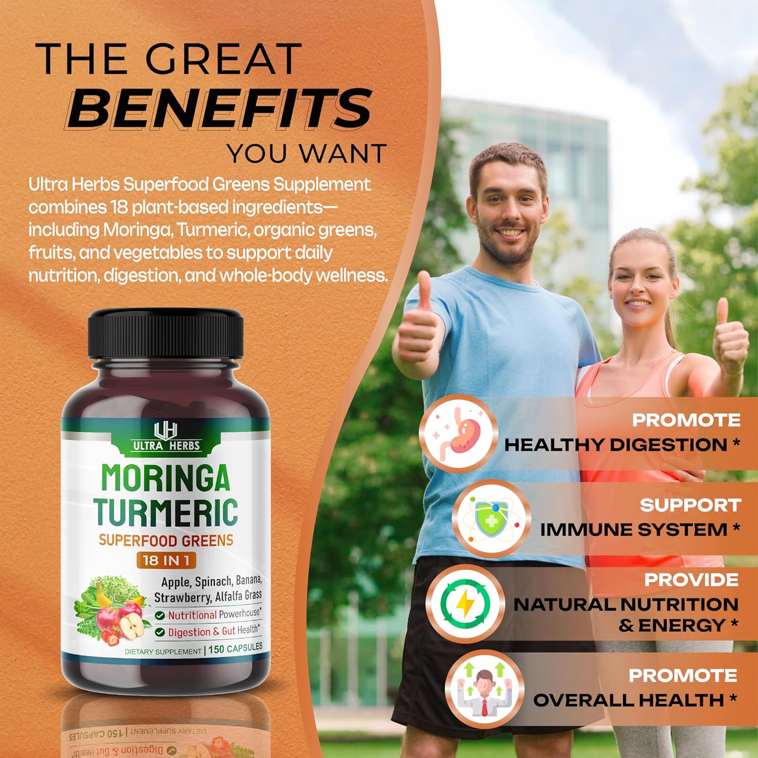Superfood Greens 18 IN 1 - with Fruits & Vegetables & Herbs -Moringa, Alfalfa, Apple, Spinatch, Banana, Strawberry- Boost Energy, Immunity and Gut Health (150-day supply (pack of 1))