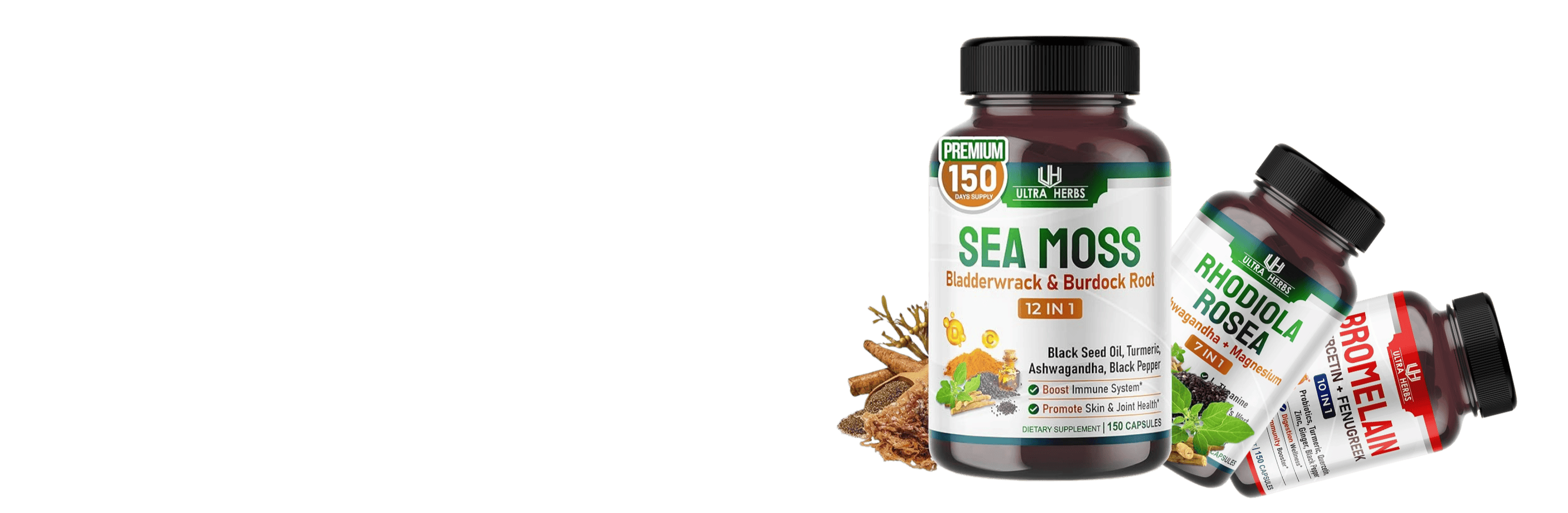 Two bottles of Sea Moss on a green background
